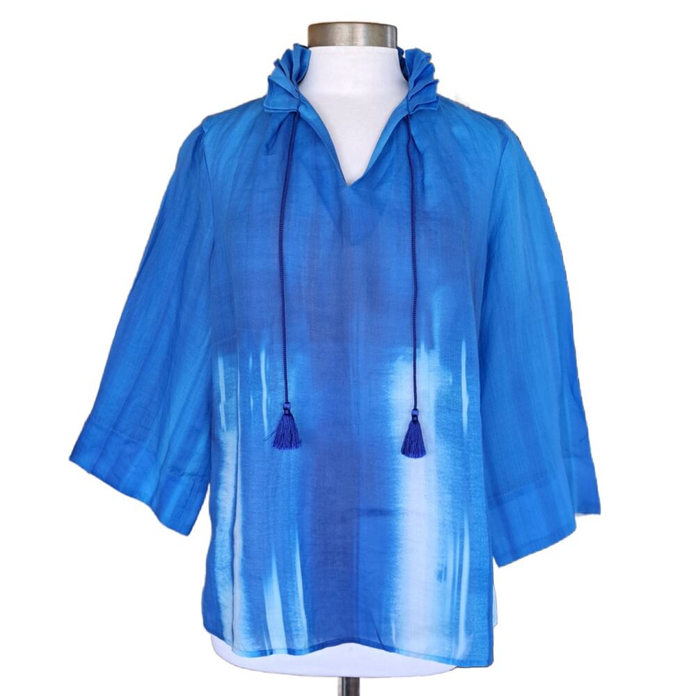 CARLISLE Cerulean Blue Ombre Tasseled Tunic Top Size 8 Resortwear Summer Boxy
